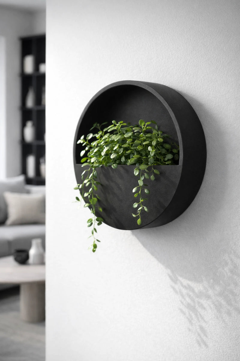Wandpflanzschale Hanging Wally Schwarz aus Fiberstone an weißer Wand montiert, mit hängender Grünpflanze im Wohnraum