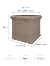 Großer eckiger Pflanzkübel Jumbo Classic Taupe mit Bordüre Größe L – Maße: 90 × 90 cm, Höhe 90 cm, Öffnung 76,5 × 76,5 cm, Boden 81,5 × 81,5 cm